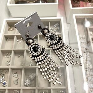 Black Stone Rhinestone Crystals Chandelier Statement Earrings